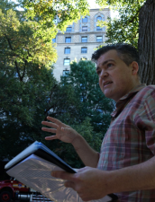 Author/ Artist Jesse Richards with his tour guide notes on the Upper West Side.