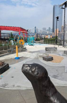 A seal of approval in the water spray section of the Pier 42 children’s playground. Sculptural turtles, crabs and walruses are also present.