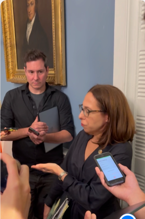 Lisa Zornberg, who resigned as chief legal counsel to Eric Adams is seen at an earlier press conference shortly before he left for the Democratic National Convention. At the time she was advising reporters that the mayor could run afoul of election laws if he responded to questions about what role the embattled mayor planned to play to try to elect his fellow Democrat Kamala Harris.