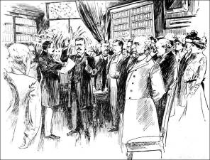 Illustration of the Theodore Roosevelt inauguration, September 14, 1901, in the Ansley Wilcox house, Buffalo, New York. Illustration originally appeared in Nashville, Tennessean, October 13, 1901.