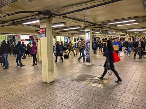 The Times Square subway mezzanine. A stabbing occurred on the southbound Q train at 42nd St, and 7th Ave.