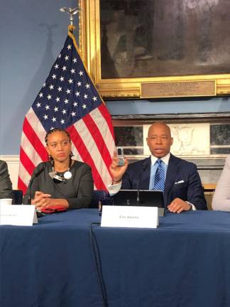 <b>Eric Adams revealed the city had begun a new effort to padlock illegal weed shops in the city as first deputy mayor Sheena Wright looks on at the May 7 City Hall press conference</b>. Photo: Keith J. Kelly