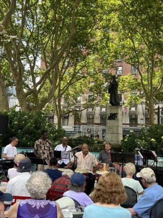 Dante Park provided a perfect canopy of trees for Upper West Siders to enjoy the Steve Kroon Sextet.