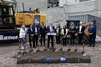 MTA Chair &amp; CEO Janno Lieber (at mic) hosts a groundbreaking ceremony with developer BXP at the 343 Madison Av. site on Tuesday, Oct 1, 2024, At the event were (from left) State Senator Liz Krueger, Daniel Garodnick, City Coucil Memer Keith Powers, Assembly Member Alex Bores, Lieber, City Planning Executive Director Edith Hsu-Chen, BXP EVP Hilary Spann, MTA C&amp;D President Jamie Torres-Springer, BXP SVP Rich Monopoli, LIRR President Rob Free.