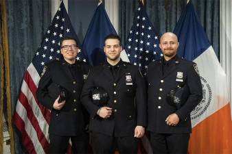 Paul Cozzolino, Mickel Hanna and Louis Iorio, the three officers who received honors for their courage during the New Year’s Eve attack by an alleged Islamic terrorist. <b>Photo: Mayor’s Office.</b>