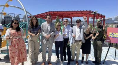 July 3 Ribbon Cutting at Pier 42. Among the politicos present were Lower East Side Council Members Carlina Rivera and Christopher Marte (second and third from left) and Assembly member Grace Lee (second from right).