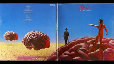 Rush Hemispjheres (1978): Brain-centric gatefold album cover by Canadian art / prog rockers. Original cover design by graphic artist Hugh Syme.