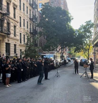 Midtown South’s 13th Precinct commemorating the lives of police officers lost on 9/11. Police Benevolent Association head Patrick Hendry, right, gave a speech.