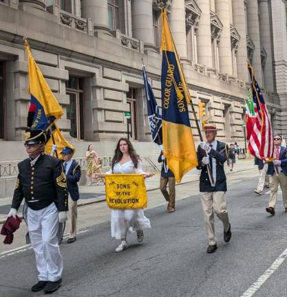 Sons of the Revolution Color Guard, including an Adidas sneaker-wearing “daughter” carrying the organization’s banner dated 1775-1783.
