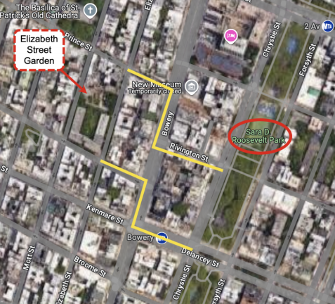 Despite Elizabeth Street Garden supporters’ claims to the contrary, open green space, including M’Finda Kalunga community garden, is three short blocks away, at Sara D. Roosevelt Park.