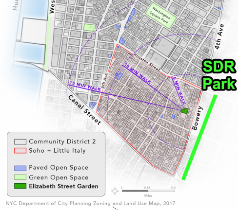 Elizabeth Street Garden map with Sara D. Roosevelt Park in place.