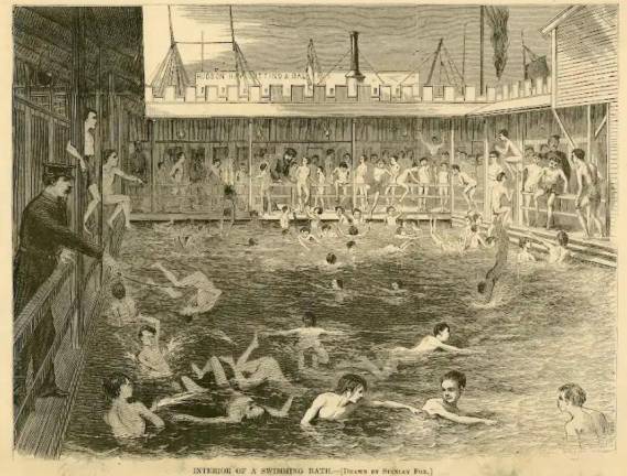 <b>New York City had river bathhouses before public pools. This is an interior view of a river bathhouse, not to be confused with swimming in the river.</b> Photo: Wood engraving from unidentified artist, courtesy Patricia D. Klingenstein Library, New-York Historical Society.