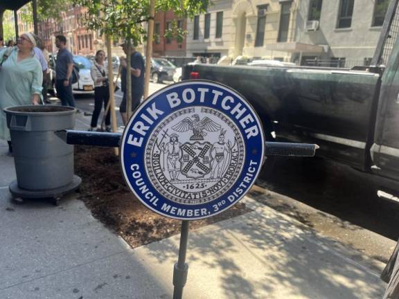 Councilman Bottcher’s pop-up podium for the event held on the North side of the sidewalk of West 15th street, between 6th and 7th Avenue. Photo: Wyatt Obering