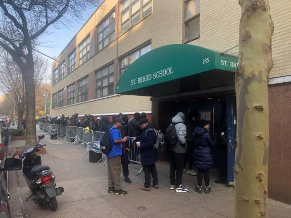 St. Brigid’s School, a shut-down Catholic elementary school in the East Village, drew long lines of asylum-seekers after the city used it as a processing center for people who exceeded 30 or 60 day shelter limits–and were seeking new placements. It remains in operation.