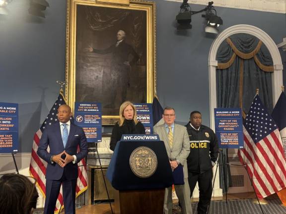 Only eleven days before his sudden resignation, chief of department Jeffrey Maddrey (far right) was at the high profile press conference with NYPD Commissioner Jessica Tisch (at mic), Eric Adams (far left) and chief of detectives Joseph Kenny where it was announced that a suspect in the murder of United Healthcare CEO Brian Thompson was arrested. Maddrey resigned Dec. 20.