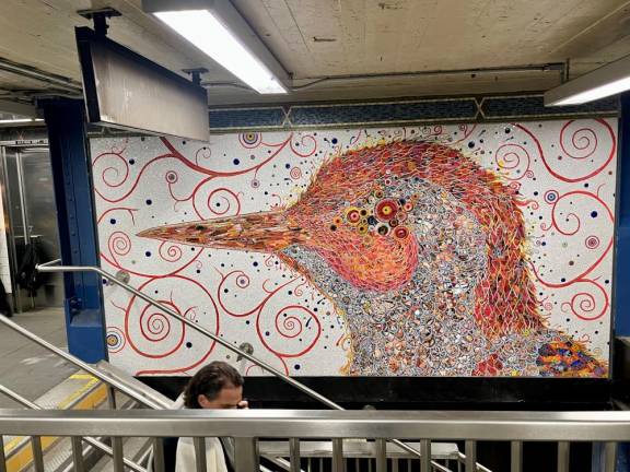 Artist Fred Tomasseli has taken his penchant for birds to a new level with this mosaic at the top of the stairs for the 1,2 and 3 trains at 14th Street and 7th Avenue, He has 6 mosaics throughout the 14th Street Station Complex at 6th and 7th Avenues.