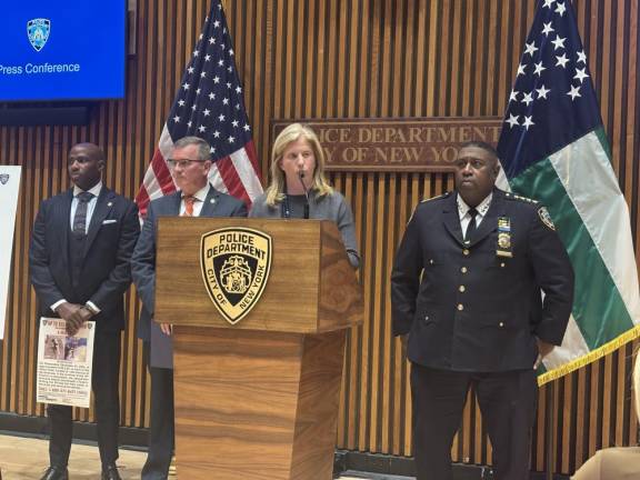 Newly installed Police Commissioner Jessica Tisch said at a Dec. 4 press conference that the shooting appeared to be targeted. She is flanked by Deputy Commissioner Tarik Shepard (far left); chief of detectives Joseph Kenny (left) and chief of department Jeffrey Madrey (right).