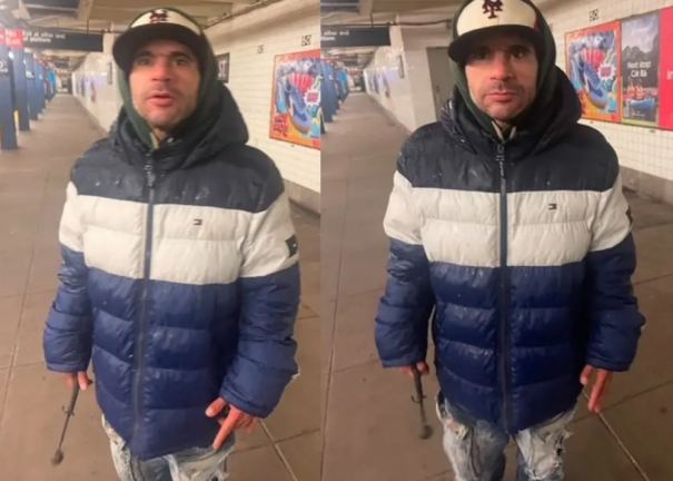 Then unidentified Jeffrey Vargas in 50th Street subway station, having just attacked and robbed a halal food cart vendor who snapped topside. Note metal weapon in his right hand.