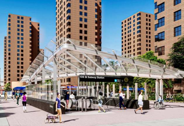 This MTA rendering of the Second Avenue Station’s southern entrance near 106th Street will be mirrored by another north entrance between 109th and 110th Streets. The MTA said all three buildings identified in its lawsuit against two developers are vital to construction of this facility.