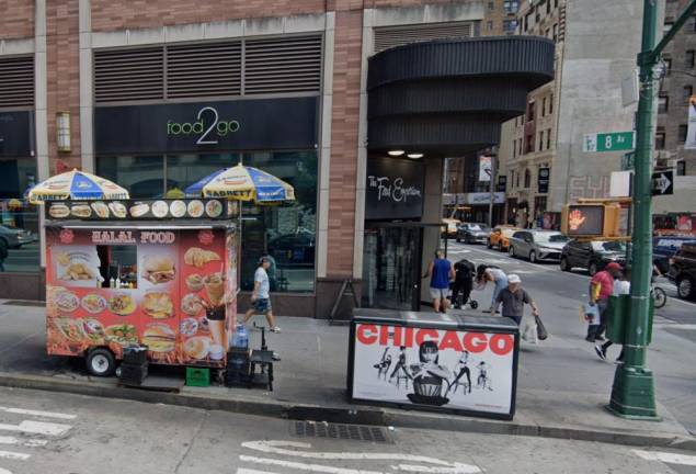 The halal food cart at 8th Avenue and W. 49th Street, September 2024.