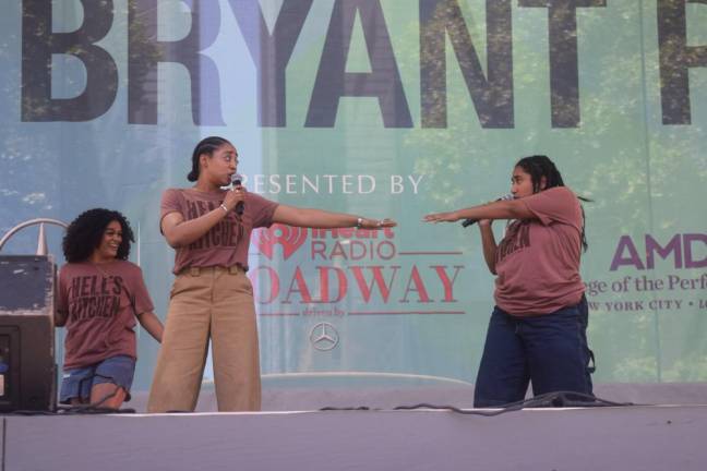 Gianna Harris, Jade Milan, and Jackie Leon performed “You Don’t Know My Name” from “Hell’s Kitchen” at 2024’s first Broadway in Bryant Park concert. (click arrows to see more)