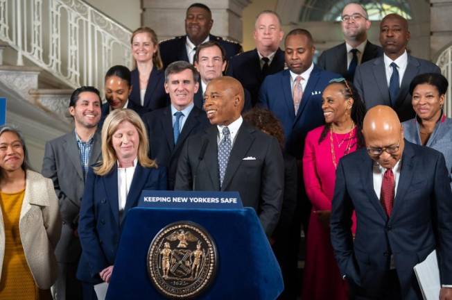 Mayor Eric Adams in a surprise announcement at City Hall introduces Sanitation Commissioner Jessica Tisch as his new NYPD Commissioner, the fourth person to hold the job since Adams became mayor in Jan. 2022.