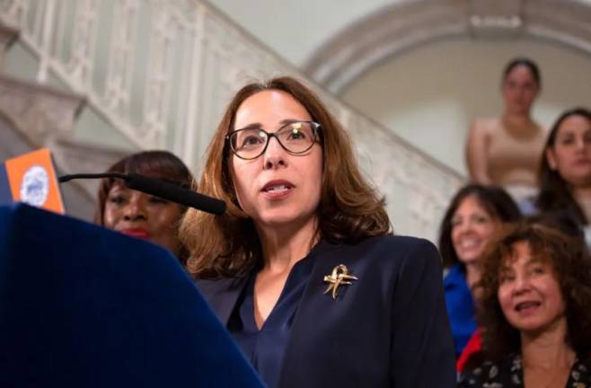 Lawyer Lisa Zornberg speaks at City Hall during an announcement about her serving as chief counsel to Mayor Adams, July 26, 2023. She resigned suddenly from the job on Sept. 14.