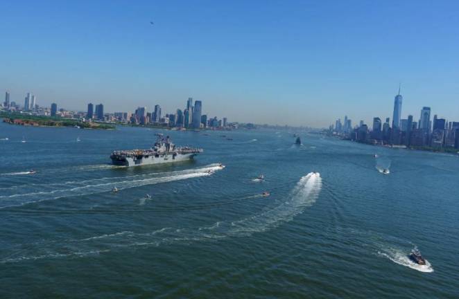 <b>A parade of ships from the US Navy, the Coast Guard and two German Navy vessels sailed into New York Harbor on May 22 to start Fleet Week 2024.</b> Photo: Benny Polatek, Mayoral Photography Office.