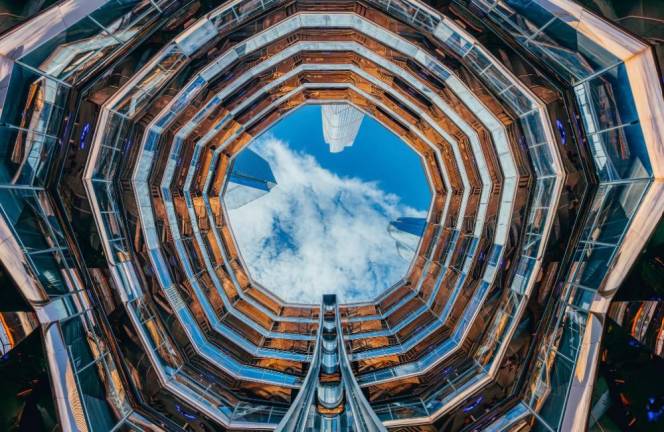 A view looking skyward from inside the Vessel on Oct. 16, 2024.