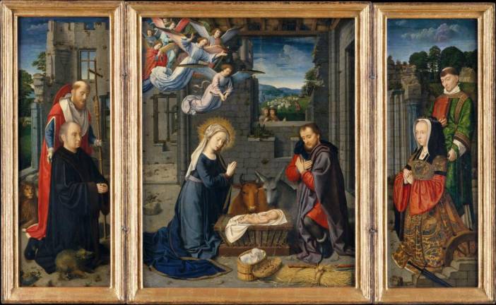 ”The Nativity with Donors and Saints Jerome and Leonard,” painted by Gerard David in the early 1500s is on view at the Metropolitan Museum of Art.