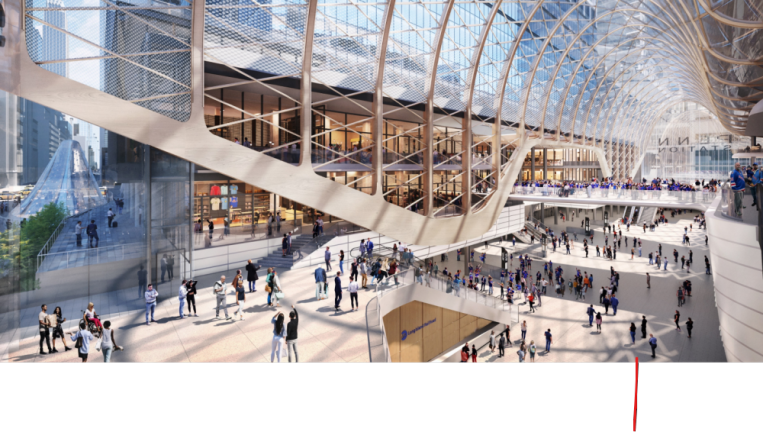 Aerial view of the interior of Penn Station facing south under the redevelopment plans that the MTA now appears to be retreating from.