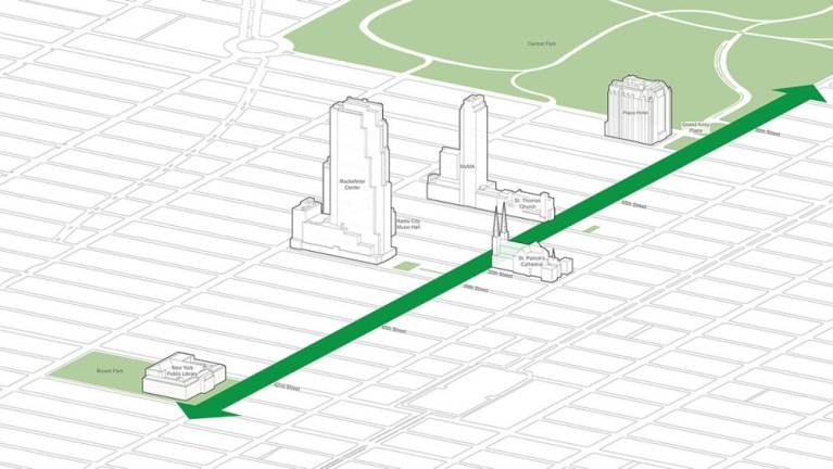 Map showing Fifth Avenue from Bryant Park to Central Park, where the iconic NYC street will be reshaped to accommodate foot traffic and increase tax revenue for the city.