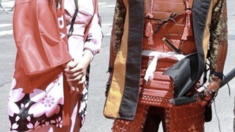 Japanese Ambassador Mikio Mori (right) dressed in Shogun style, and a companion