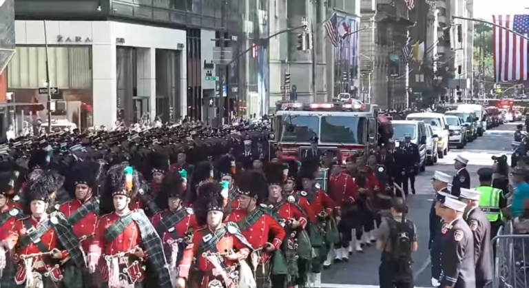 Pipers led the engine bearing the casket of Supervising Fire Marshall George Snyder to St. Patrick’s Cathedral for his funderal on Aug. 19 as thousands of firefighters lined Fifth Ave. commerating the first line of duty death in the FDNY in 2024.