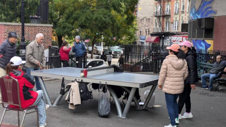 Table tennis, along with dance exercise, and cards, are among the activities Chinese people enjoy at Sarah D. Roosevelt Park. October 28, 2024.