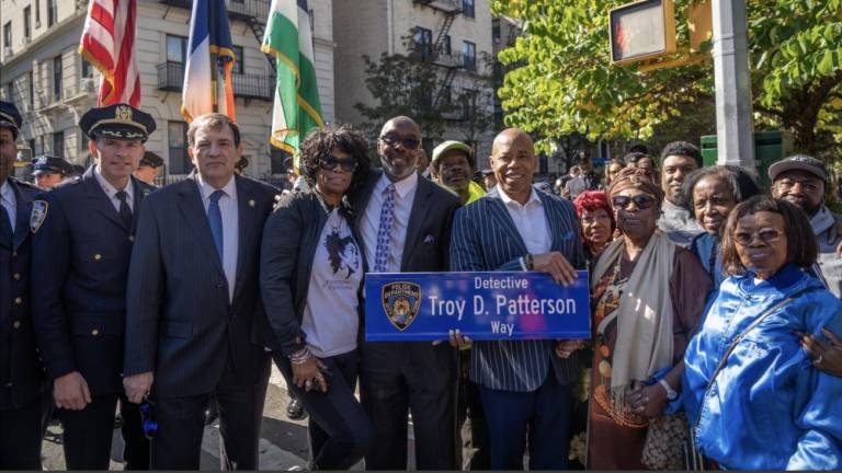 Mayor Eric Adams delivers remarks at a street co-naming in memory of Detective Troy Patterson in Brooklyn on Saturday, October 12, 2024