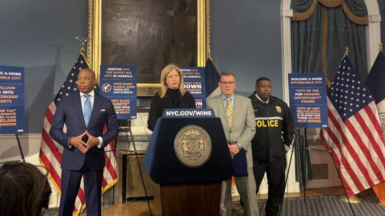 Only eleven days before his sudden resignation, chief of department Jeffrey Maddrey (far right) was at the high profile press conference with NYPD Commissioner Jessica Tisch (at mic), Eric Adams (far left) and chief of detectives Joseph Kenny where it was announced that a suspect in the murder of United Healthcare CEO Brian Thompson was arrested. Maddrey resigned Dec. 20.