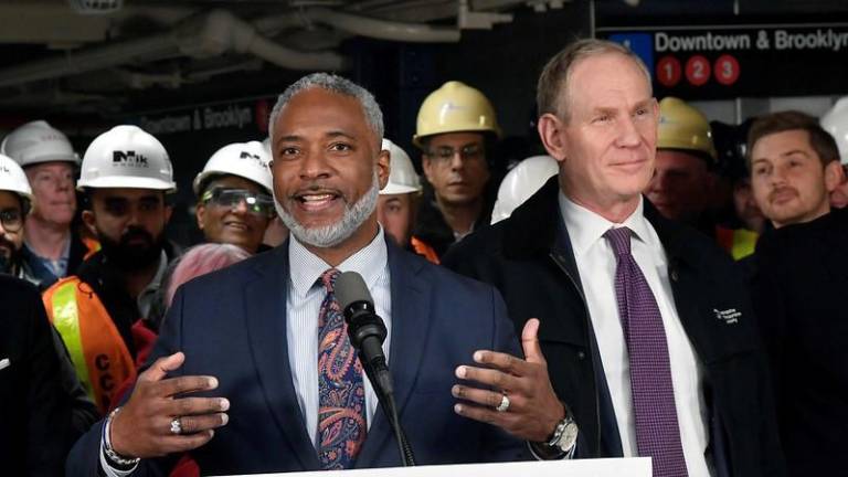 MTA Chair &amp; CEO Janno Lieber (right) and MTA Construction &amp; Development President Jamie Torres-Springer (at podium) are jointed by NYCT President Demetrius Crichlow, and MTA Chief Accessibility Officer Quemuel Arroyo to announce that the 14 St Station on the F/L/M/1/2/3 lines is fully ADA accessible on Thursday, Dec 19, 2024.