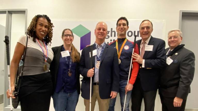 Left to right: Kiana Glanton, Amanda Makson and Ed Plumacher of Team USA Blind Baseball; Paralympic medalist Tyler Merren, Lighthouse Guild CEO Dr. Calvin Roberts and USABA Board Chair Mark Ackermann. Photo courtesy of Lighthouse Guild