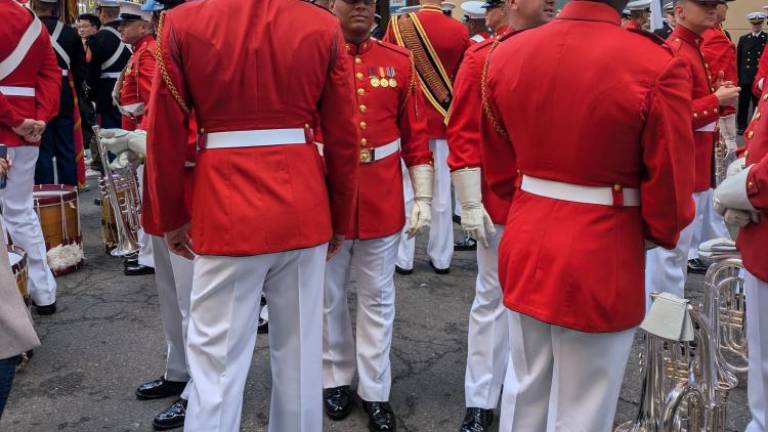 Marine band warms up. The USMC was the honored branch in this year’s Veterans Day parade, which picks a different military wing to honor each year.